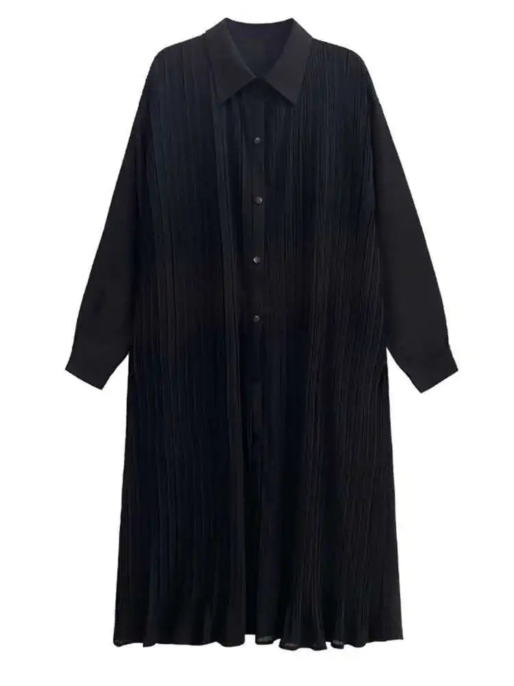 Women Black Brief Pleated Elegant Big Size Midi Shirt Dress New Lapel Long Sleeve Fashion Tide Spring Autumn 2025 1DJ0072