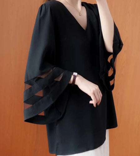 Women Black Mesh Spliced Big Size Elegant T-shirt New V-Neck Three-quarter Sleeve Fashion Tide Spring Autumn 2025 1DJ0335