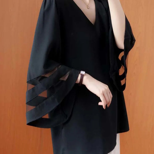 Load image into Gallery viewer, Women Black Mesh Spliced Big Size Elegant T-shirt New V-Neck Three-quarter Sleeve Fashion Tide Spring Autumn 2025 1DJ0335
