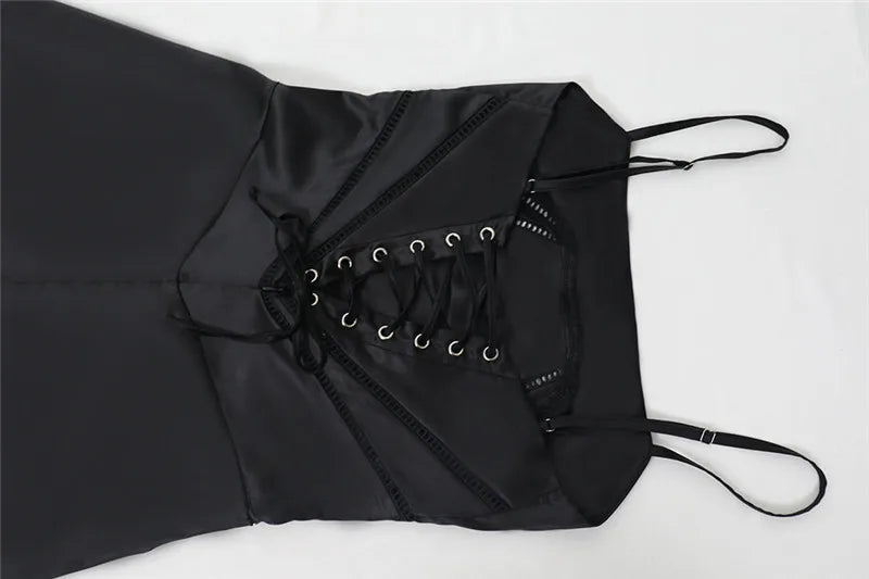Lace-up Satin Maxi Slipdress Women Black Spaghetti Strap Sleeveless Backless Maxi Dress Femme Club Party Evening Dress