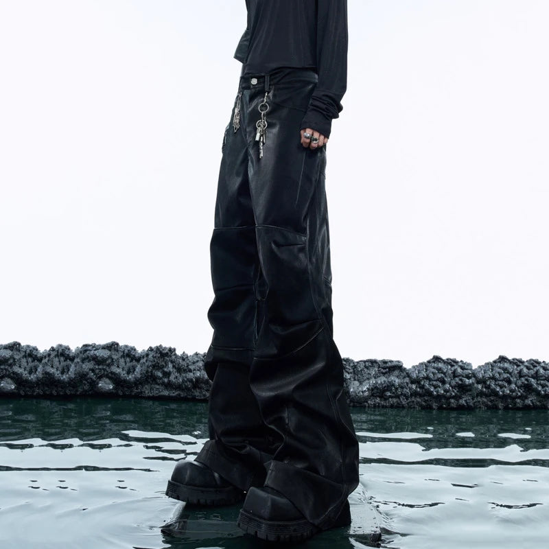 Pu Leather Pants Men Straight Wide Leg Trousers Side Three-dimensional Spine Creasing Design 2025 Spring Male 24E5172