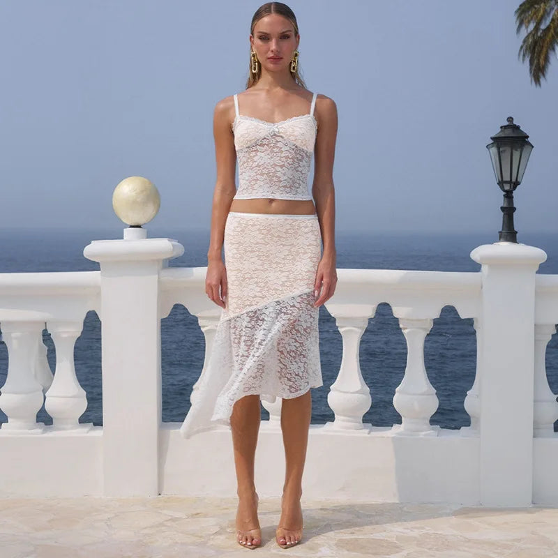 Lace Sexy Two Piece Sets Women Lace Halter Cropped Tops And Skirt Ladies Print Contrast Color Club Party 2 Piece Sets