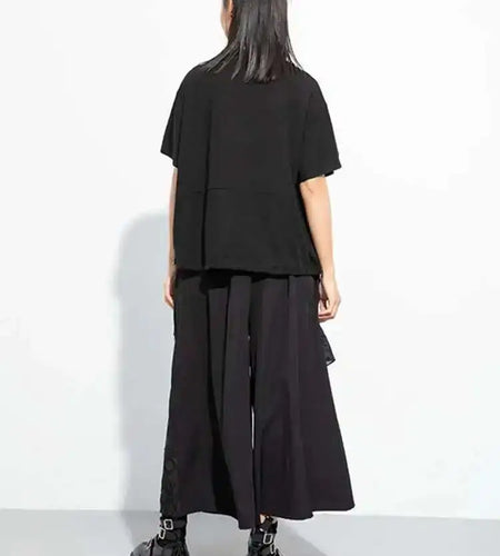 Women Black Zipper Spliced Drawstring Big Size T-shirt New Round Neck Short Sleeve Fashion Tide Spring Summer 2025 1DH5068