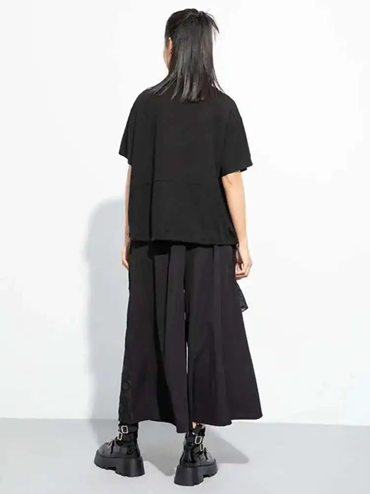 Women Black Zipper Spliced Drawstring Big Size T-shirt New Round Neck Short Sleeve Fashion Tide Spring Summer 2025 1DH5068