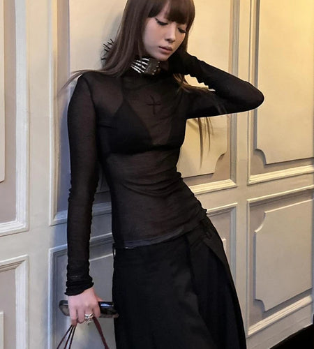 2025 Sexy Y2k Aesthetic Two Pieces Set Women See Through Slim Fit Pullover + Halter Cropped Chain Vest Streetwear Grunge Outfits