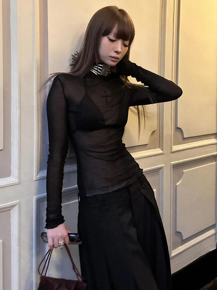 2025 Sexy Y2k Aesthetic Two Pieces Set Women See Through Slim Fit Pullover + Halter Cropped Chain Vest Streetwear Grunge Outfits
