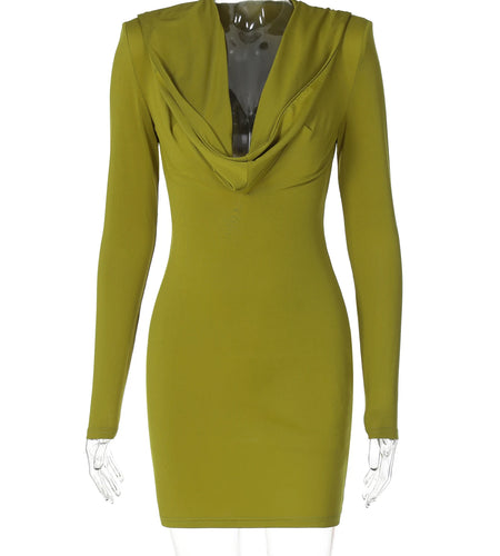 Fashion Solid Swing Collar Long Sleeve Hoodies Shoulder Pads Sexy Bodycon Mini Dress Fall Women Outfits Party Festival