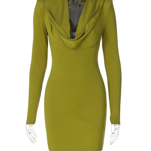 Load image into Gallery viewer, Fashion Solid Swing Collar Long Sleeve Hoodies Shoulder Pads Sexy Bodycon Mini Dress Fall Women Outfits Party Festival
