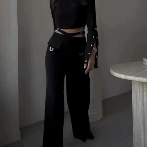 Load image into Gallery viewer, Fashion Button Long Pants Women Set New Stand Up Neck Long Sleeved Set Spicy Girl Strap Casual Set Street Two Piece Set
