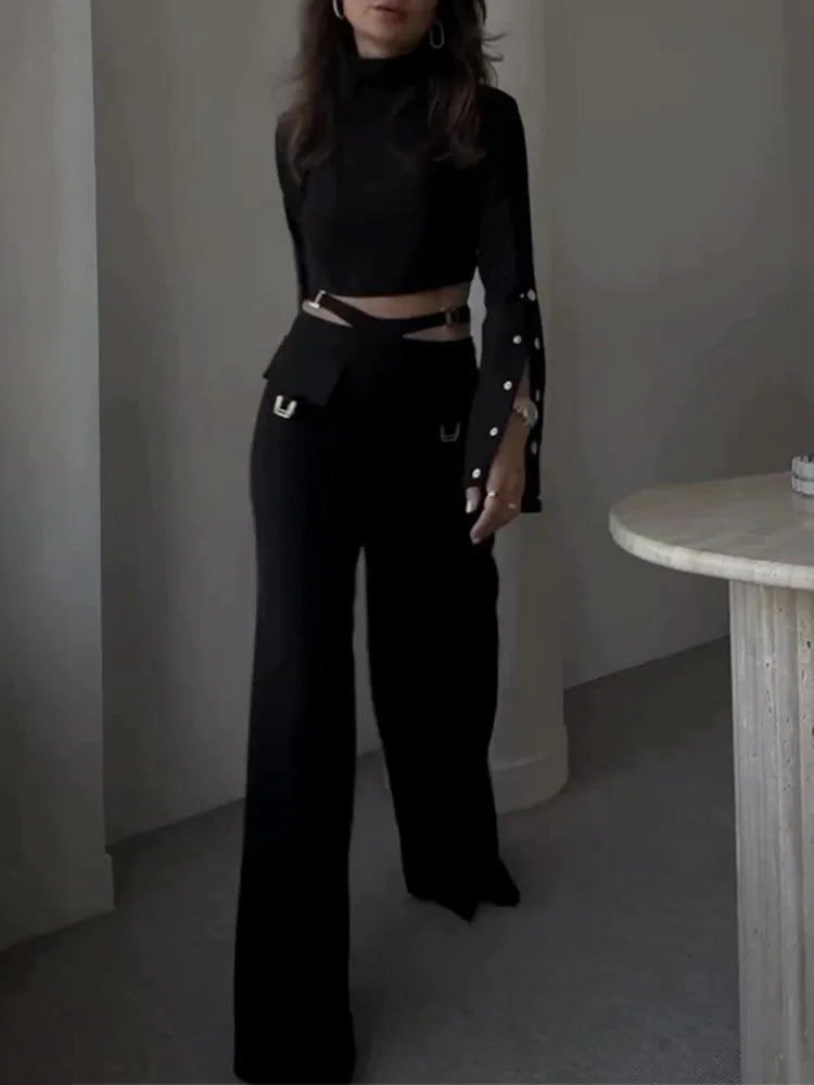 Fashion Button Long Pants Women Set New Stand Up Neck Long Sleeved Set Spicy Girl Strap Casual Set Street Two Piece Set