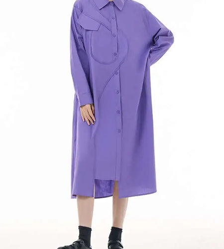 Women Purple Irregular Spliced Big Size Shirt Dress New Lapel Long Sleeve Loose Fit Fashion Spring Autumn 2025 1DH0654