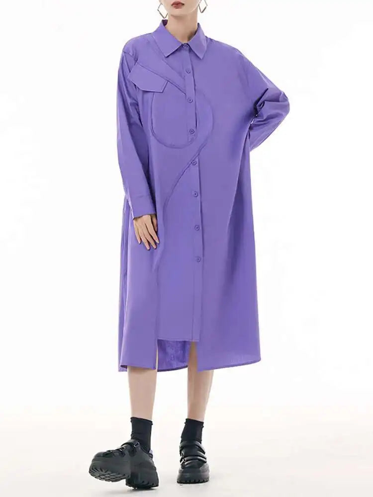 Women Purple Irregular Spliced Big Size Shirt Dress New Lapel Long Sleeve Loose Fit Fashion Spring Autumn 2025 1DH0654