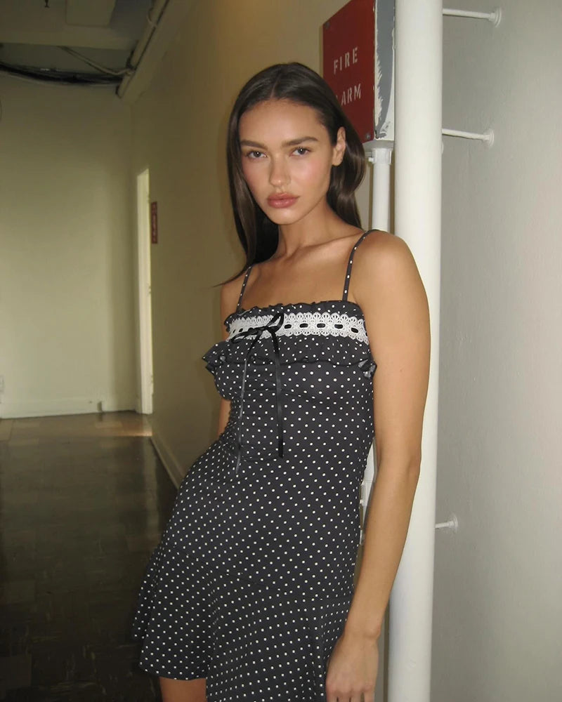 Spaghetti Strap Polka Dot Mini Dress For Women Robe Contrast Color Off-shoulder Sleeveless Backless Club Party Dress