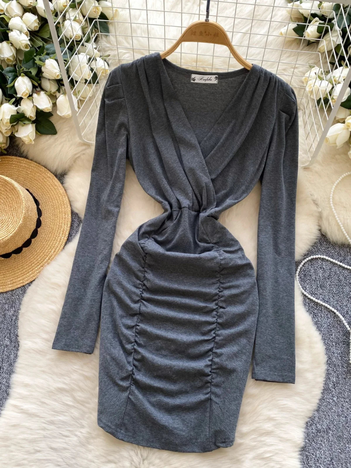 Korean 2025 Spring New Black Elegant Long Sleeves Office Wrapping Hip Mini Dress Women Grey V Neck Vacation Pleated Short Dress