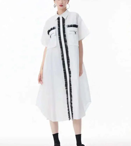 Women White Mesh Color-block Big Size Midi Shirt Dress New Lapel Short Sleeve Fashion Tide Spring Summer 2025 1DJ0003