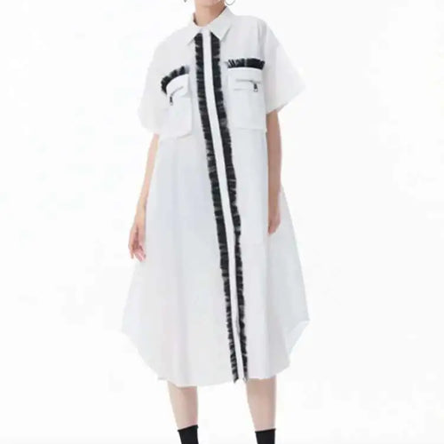 Load image into Gallery viewer, Women White Mesh Color-block Big Size Midi Shirt Dress New Lapel Short Sleeve Fashion Tide Spring Summer 2025 1DJ0003
