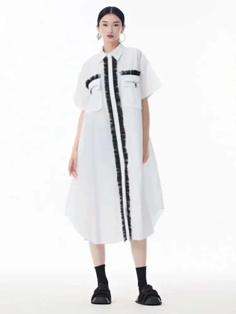 Women White Mesh Color-block Big Size Midi Shirt Dress New Lapel Short Sleeve Fashion Tide Spring Summer 2025 1DJ0003