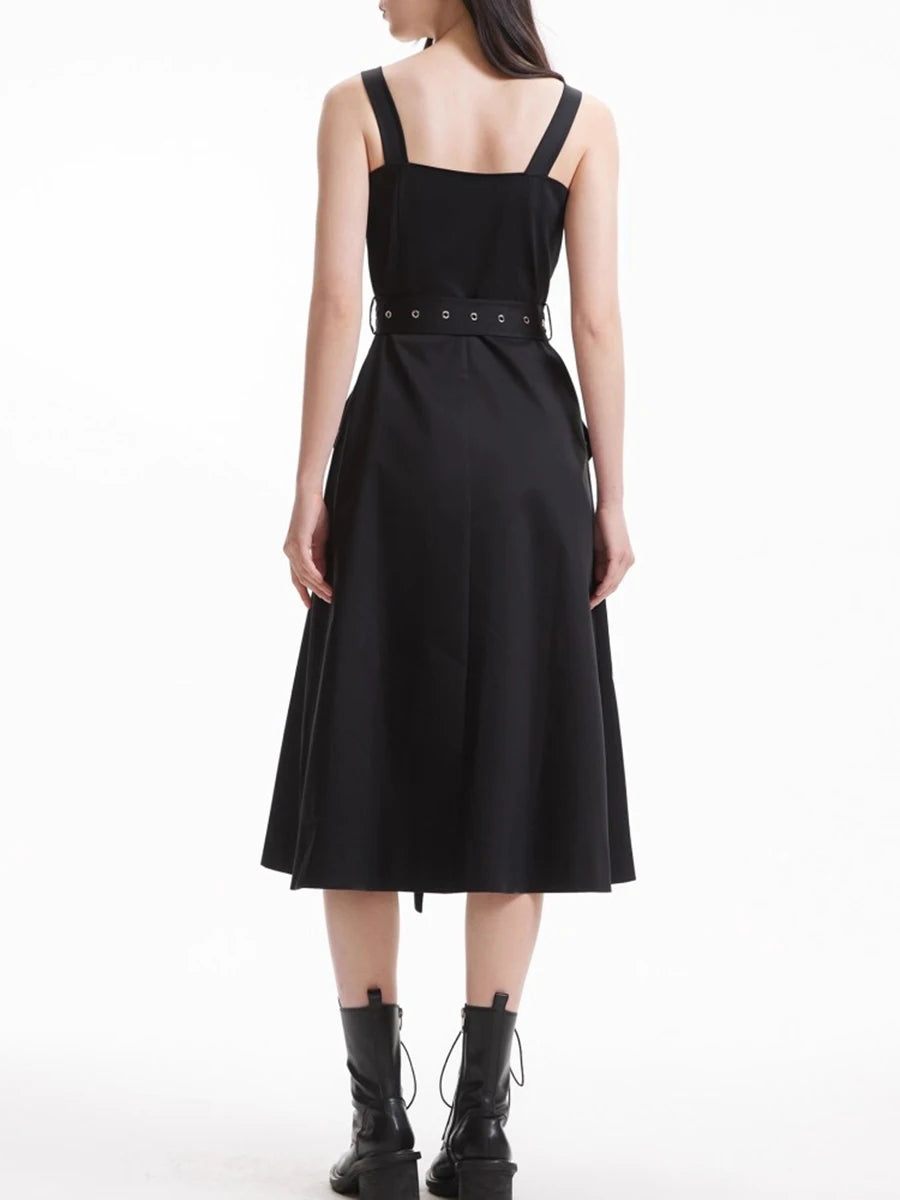 Slimming Spliced Lace Up Fashion Dresses for Women Square Neck Sleeveless Design Sense Dress Female Clothing New