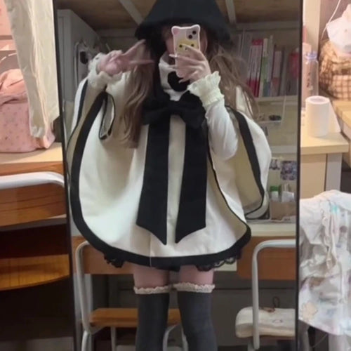 Load image into Gallery viewer, Japanese Cute Bow Lolita Cloak Coats Sweet Kawaii Fashion Y2k Aesthetic Capes High Collar Loose Casual Women Tops Streetwear

