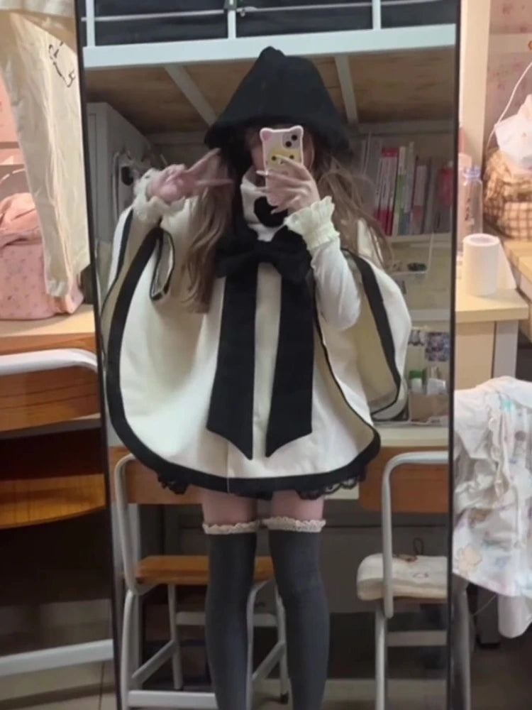 Japanese Cute Bow Lolita Cloak Coats Sweet Kawaii Fashion Y2k Aesthetic Capes High Collar Loose Casual Women Tops Streetwear