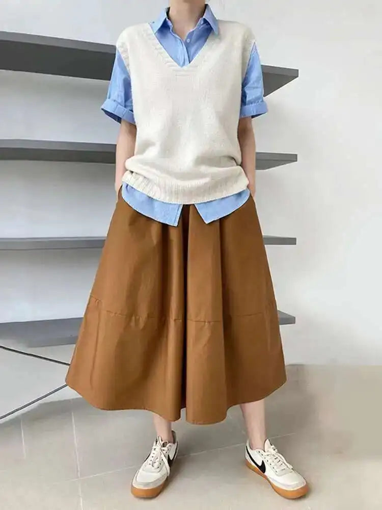 High Elastic Waist Gray Brown Casual A-LINE Midi Half-body Skirt Women Fashion Tide New Spring Autumn 2025 1DE2807