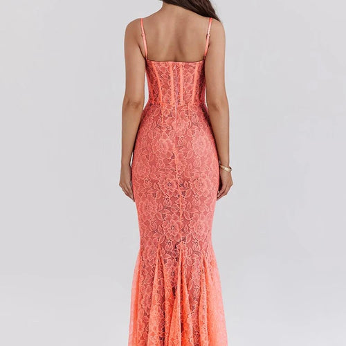 Load image into Gallery viewer, Floral Lace Sexy Maxi Dress For Women Orange Spaghetti Strap Sleeveless Backless Bodycon Club Party Long Dress Elegant

