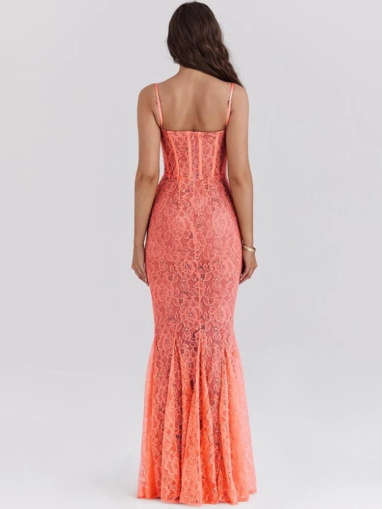 Floral Lace Sexy Maxi Dress For Women Orange Spaghetti Strap Sleeveless Backless Bodycon Club Party Long Dress Elegant