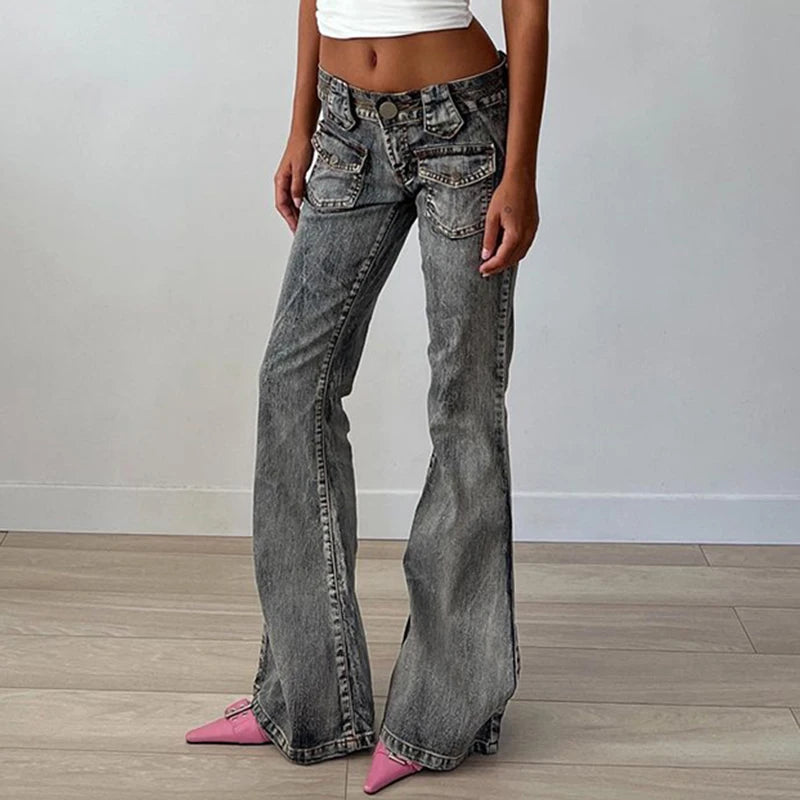 Streetwear Chic Low Waist Jeans for Women Denim Cargo Style Distressed Vintage Flared Trousers Slim Elegant Pants New