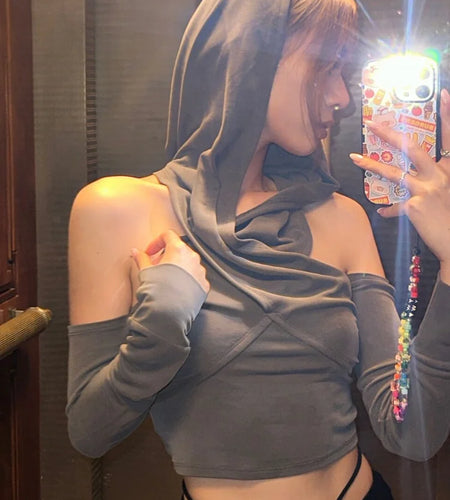 2025 Summer Fashion Tee Shirts Femme Solid Slim Y2k Aesthetic Streetwear Tshirts Off Shoulder Hooded Long Sleeve Women T-shirts