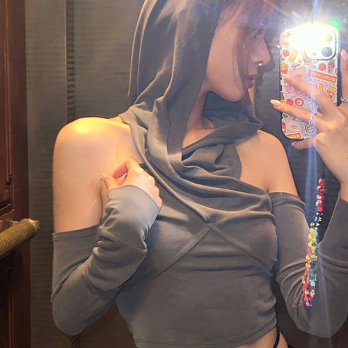 Load image into Gallery viewer, 2025 Summer Fashion Tee Shirts Femme Solid Slim Y2k Aesthetic Streetwear Tshirts Off Shoulder Hooded Long Sleeve Women T-shirts
