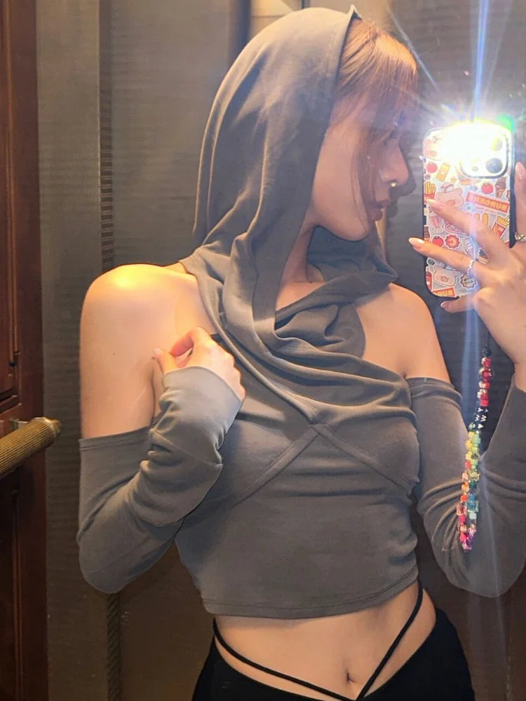 2025 Summer Fashion Tee Shirts Femme Solid Slim Y2k Aesthetic Streetwear Tshirts Off Shoulder Hooded Long Sleeve Women T-shirts