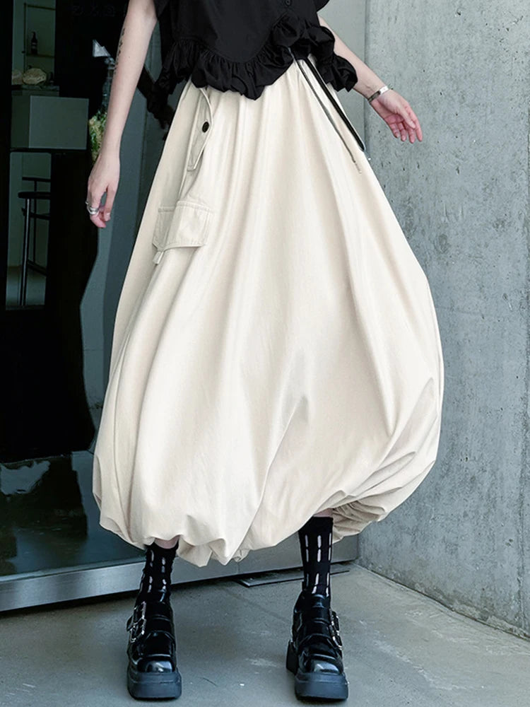 High Elastic Waist Apricot Drawstring Casual Bud Half-body Skirt Women Fashion Tide New Spring Autumn 2025 1DJ0634