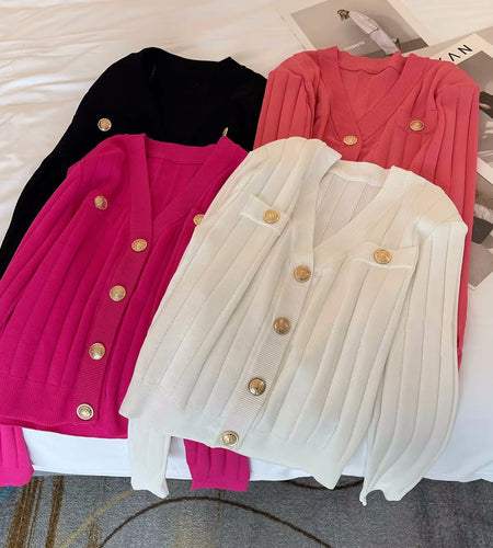 High Quality Ladies Fashion Spring Vintage Elegant Sweet Cute Button V-Neck Stretch Thick Viscose Knitted Cardigan Sweater C-117