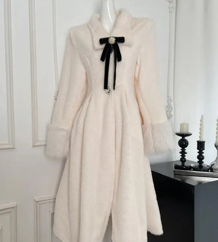 Korean White Elegant Single Breasted Mink Woolen Coat 2024 Autumn Winter New Women's Temperament Slim Bow Long Velvet Overcoat