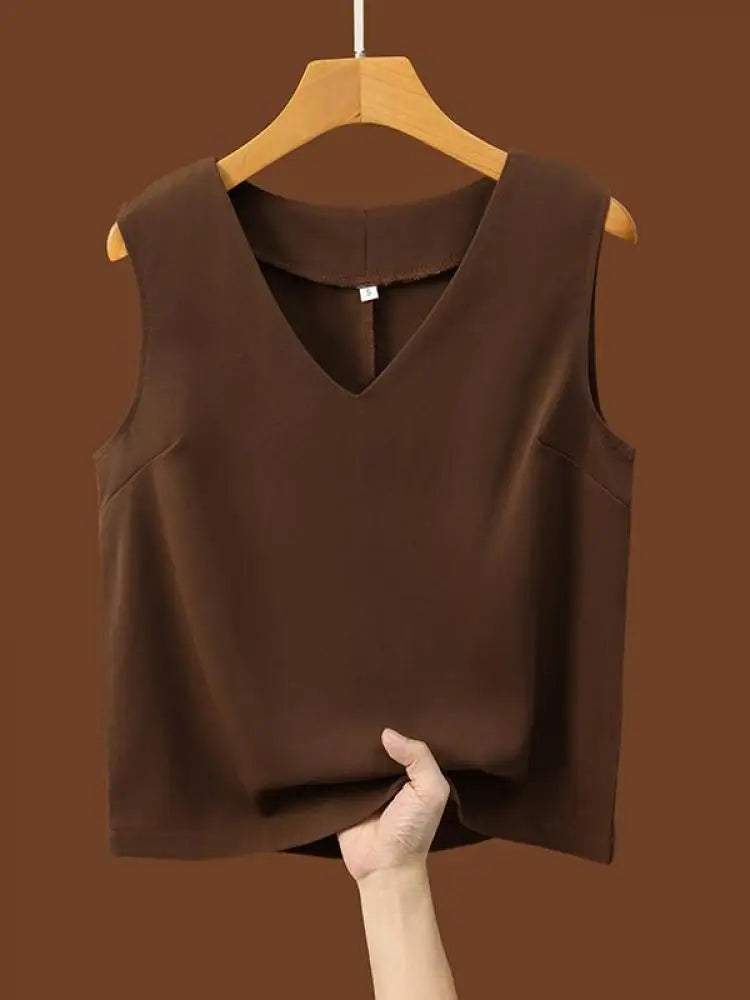 Women Summer Black White Festival Tank Tops Casual Brown Beige Lady V-neck Sleeveless Versatile Short Vest Clothing Simplicity