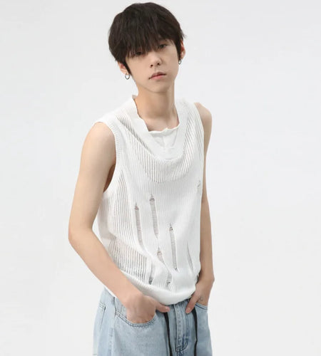 Minimalist Loose Tank Top Thin Men Solid Color Round Neck Knitted Vest Niche Design Hollow Out Sleeveless Summer