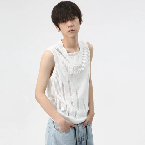 Load image into Gallery viewer, Minimalist Loose Tank Top Thin Men Solid Color Round Neck Knitted Vest Niche Design Hollow Out Sleeveless Summer
