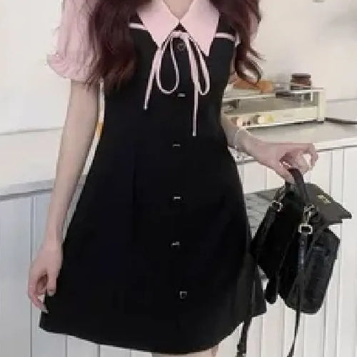 Load image into Gallery viewer, Y2k Kawaii Preppy Style School Black Dress Hotsweet Girls Puff Sleeve Mini Short Dresses
