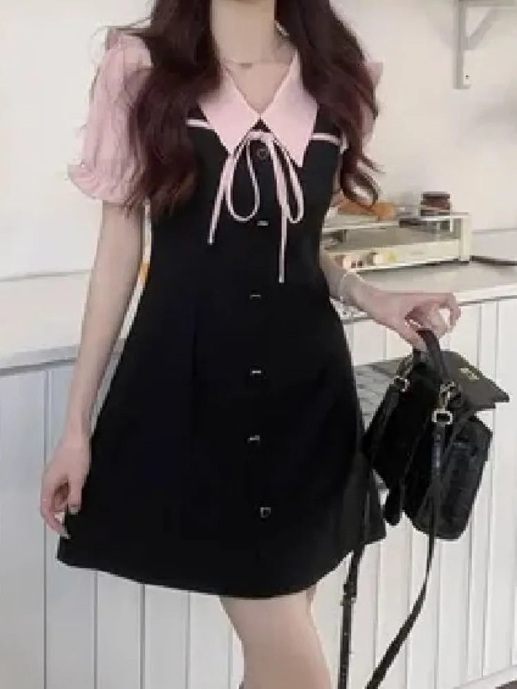 Y2k Kawaii Preppy Style School Black Dress Hotsweet Girls Puff Sleeve Mini Short Dresses