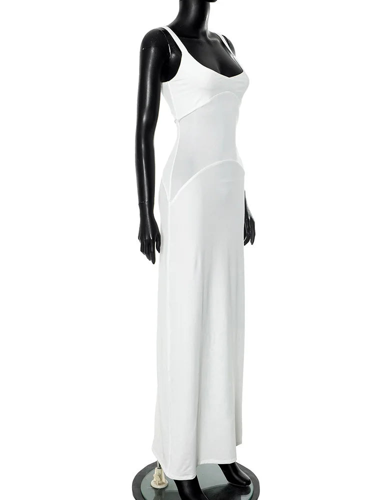 Mesh Patchwork Sexy Maxi Dress For Women Gown Spaghetti Strap Sleeveless Backless Bodycon Elegant Club Long Dress