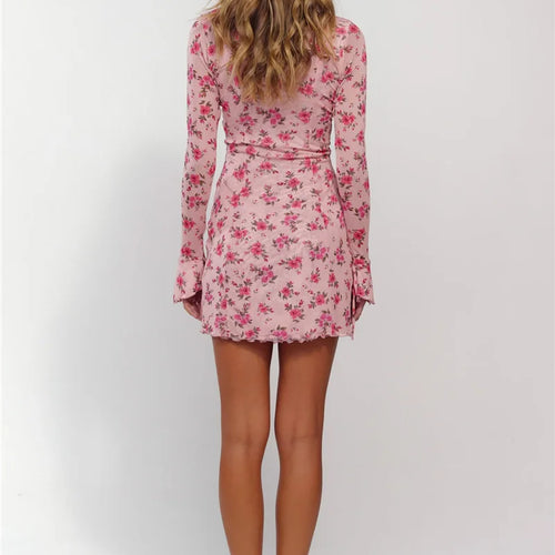 Load image into Gallery viewer, Deep V Neck Lace-up Print Sexy Mini Dress For Women Robe Elegant Long Sleeve High Waist Bodycon Floral Print Dress
