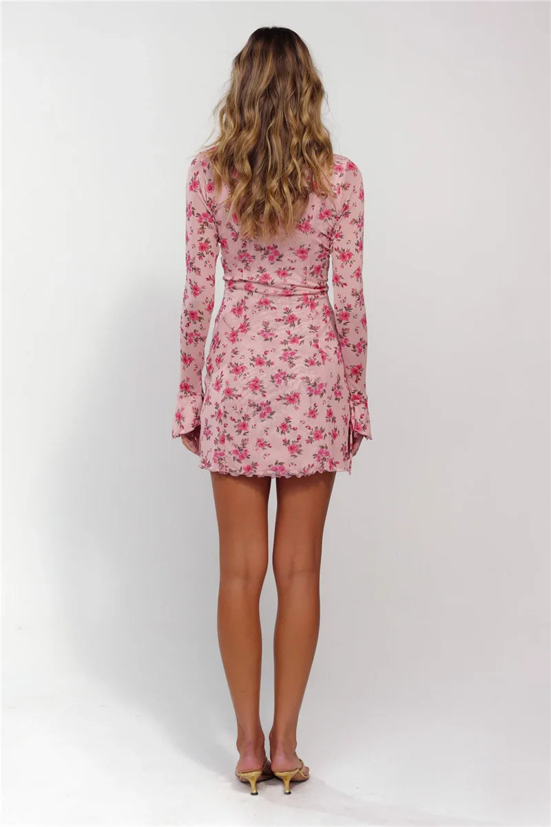 Deep V Neck Lace-up Print Sexy Mini Dress For Women Robe Elegant Long Sleeve High Waist Bodycon Floral Print Dress