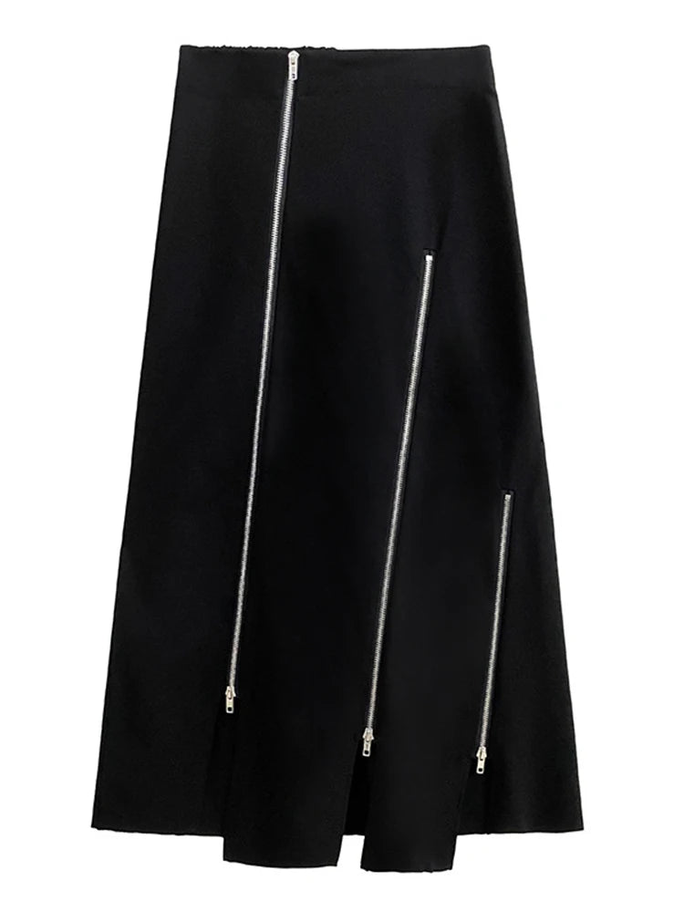 Patchwork Zipper A Line Skirts For Women High Waist Minimalist Temperament Skirt Female Fashion Clothing