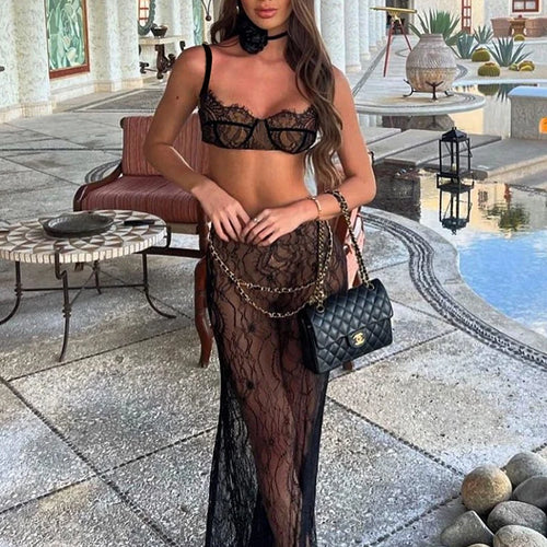 Load image into Gallery viewer, Sexy Lace Metal Zipper Two Piece Women's Tight Fit Bikini Top Elegant And Transparent Maxi Female Skirt Beach Party Suit
