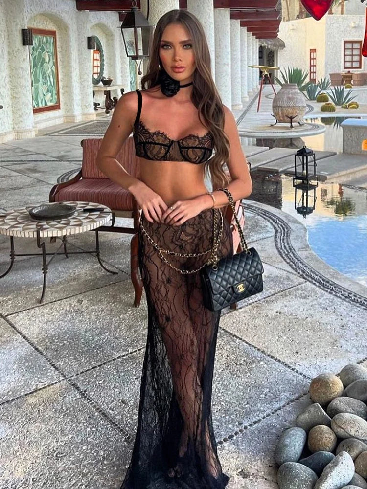 Sexy Lace Metal Zipper Two Piece Women's Tight Fit Bikini Top Elegant And Transparent Maxi Female Skirt Beach Party Suit