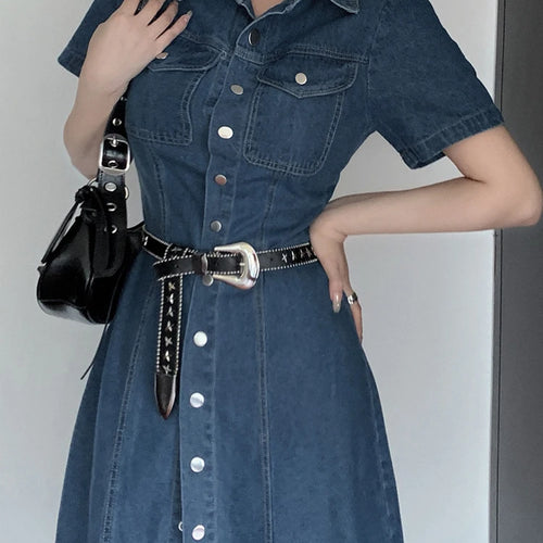 Load image into Gallery viewer, Dark Blue Slim Waist Denim Women&#39;s Dresses Chic Belt Single Breasted Solid Color Short Sleeve Fashion Simple Female Dress
