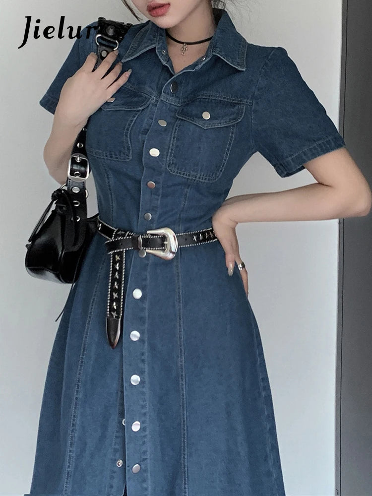 Dark Blue Slim Waist Denim Women's Dresses Chic Belt Single Breasted Solid Color Short Sleeve Fashion Simple Female Dress