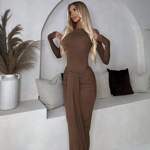 Load image into Gallery viewer, Ruched Draped Sexy Maxi Dress For Women Fashion O Neck Long Sleeve Bodycon Club Party Long Dress Female Elegant Dresses
