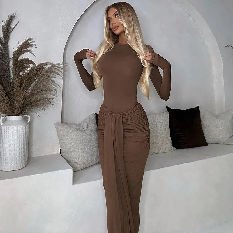 Ruched Draped Sexy Maxi Dress For Women Fashion O Neck Long Sleeve Bodycon Club Party Long Dress Female Elegant Dresses