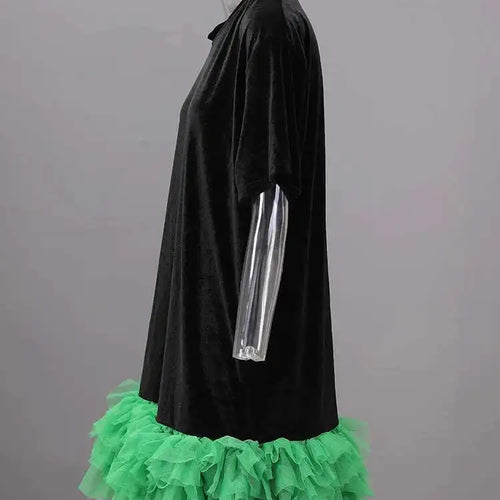 Load image into Gallery viewer, Women Green Mesh Ruffles Hem Big Size Knee-Length Dress New Round Neck Short Sleeve Fashion Spring Summer 2025 CPG2904
